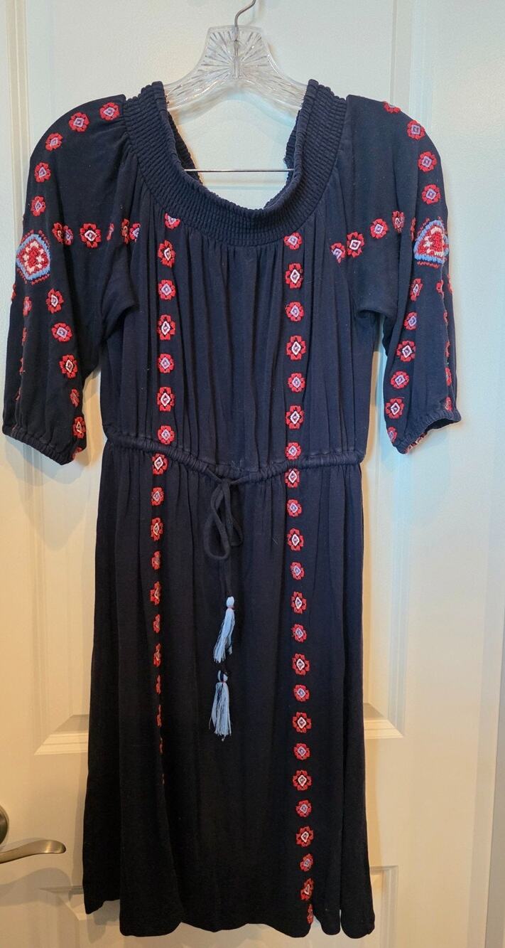 Loft Midi Dress Boho Womens XS Navy Blue Embroidered Peasant Tie Waist